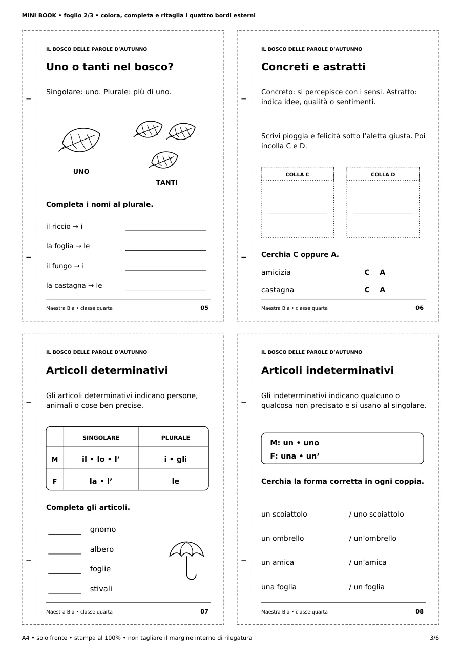 Secondo foglio: singolare e plurale nel bosco, concreti e astratti, determinativi e indeterminativi.
