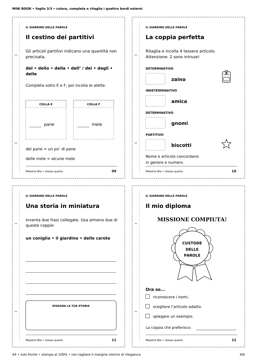 Terzo foglio: articoli partitivi, tessere articolo, scrittura di una storia e diploma.