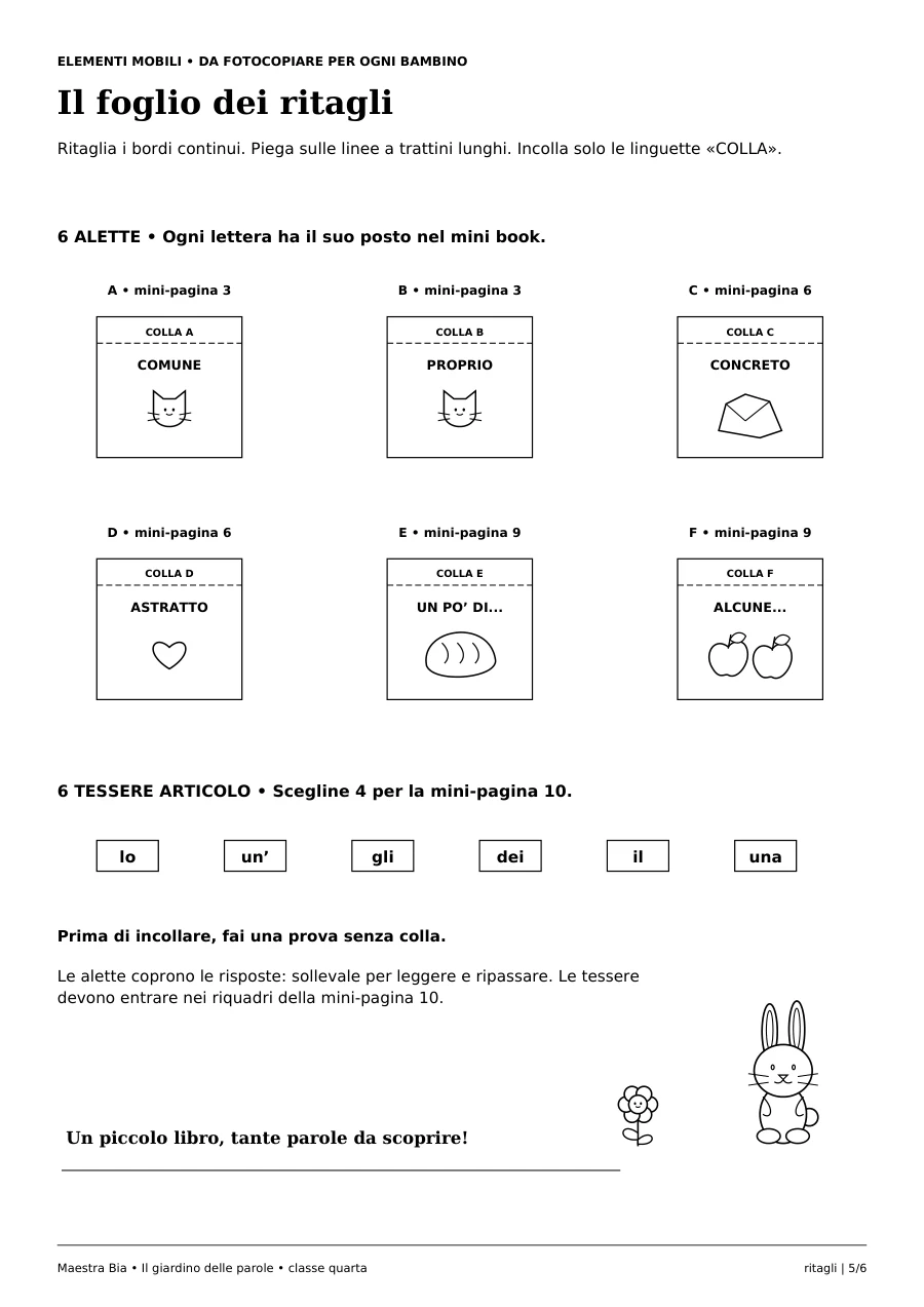 Quarto foglio: sei alette con linguette per la colla e sei tessere articolo da ritagliare.