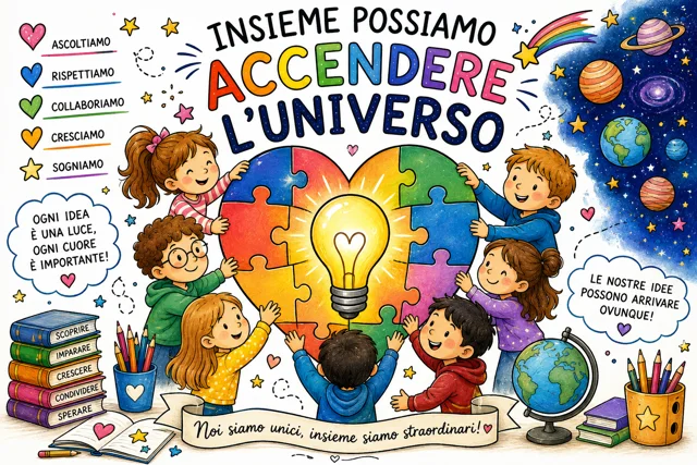 I bambini accendono insieme una grande lampadina nel cuore a puzzle della classe