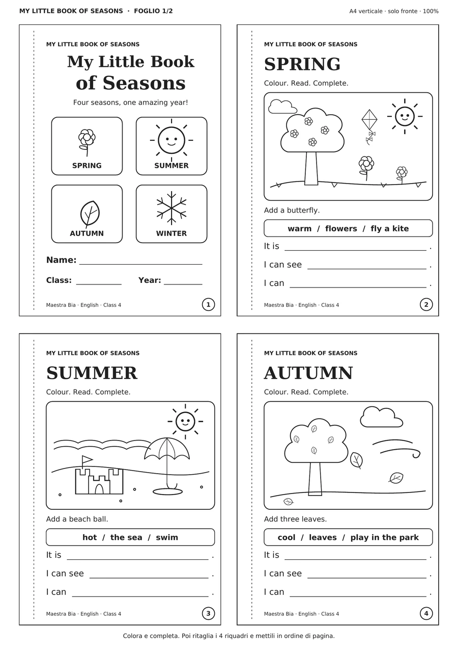 Primo foglio A4: copertina e pagine di primavera, estate e autunno, con disegni e frasi guidate.