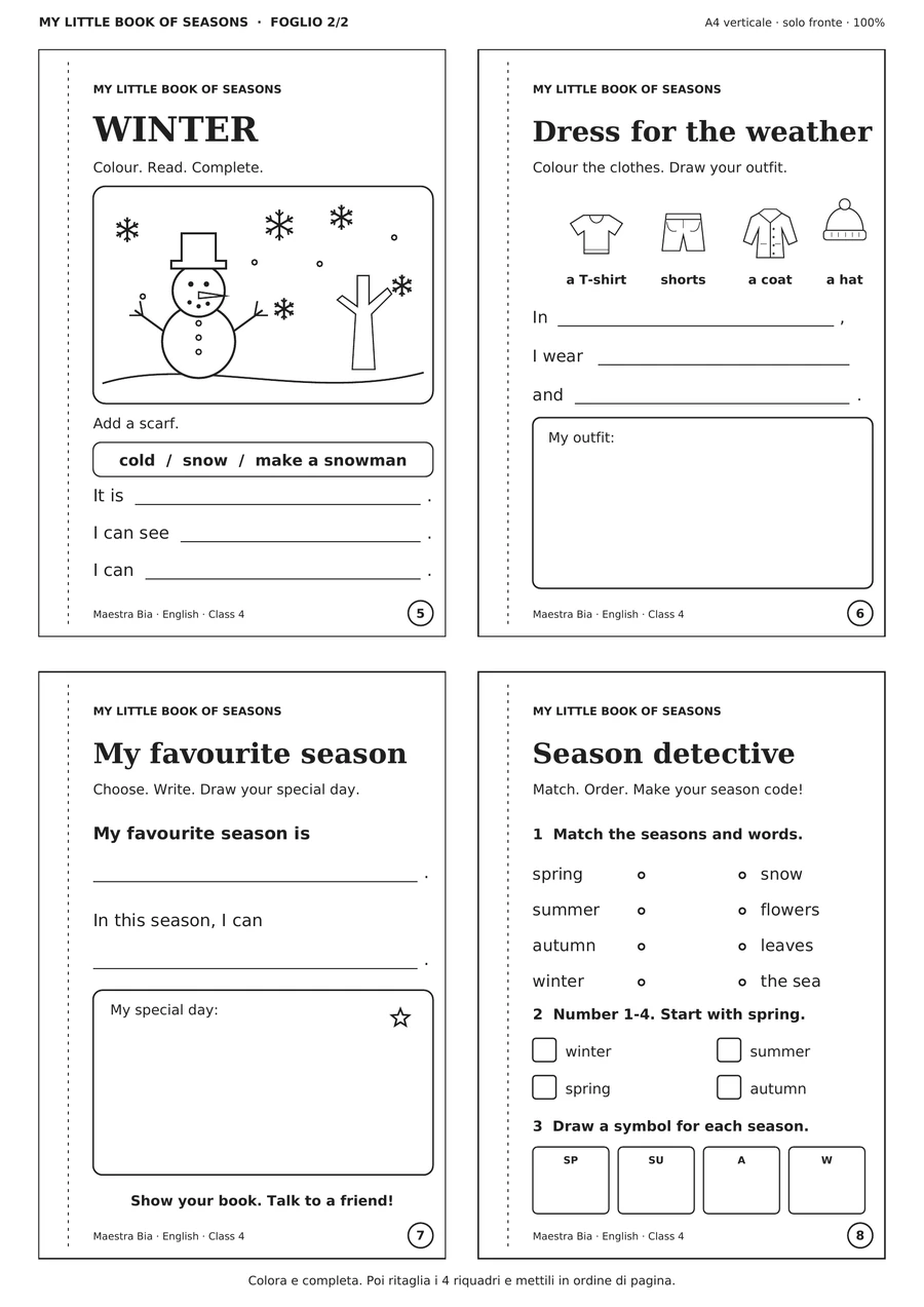Secondo foglio A4: inverno, vestiti, stagione preferita ed esercizi Season detective.