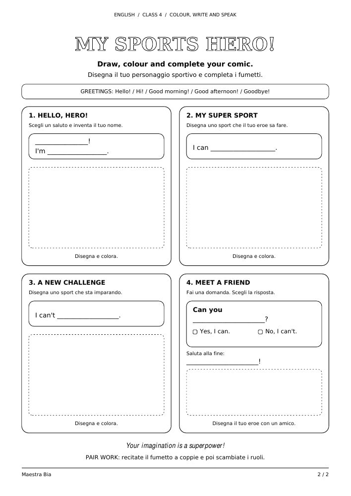 Anteprima della seconda pagina My Sports Hero: quattro vignette per il nome, I can, I can't e Can you.