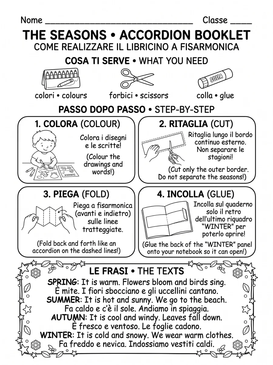 Guida bilingue illustrata per colorare, ritagliare, piegare e incollare il libricino.
