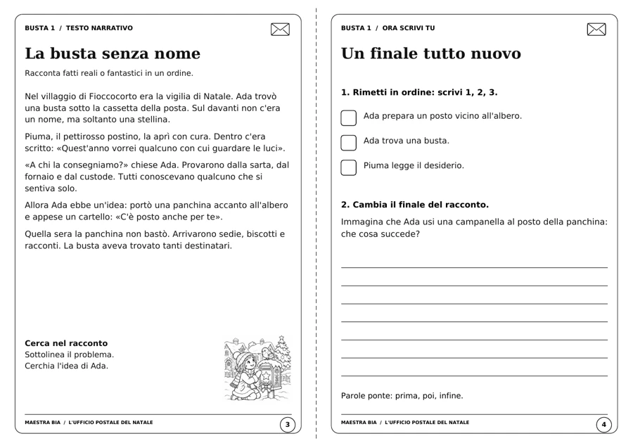 Paginette 3 e 4 del mini book: il racconto La busta senza nome, un’attività di riordino e lo spazio per inventare un nuovo finale.