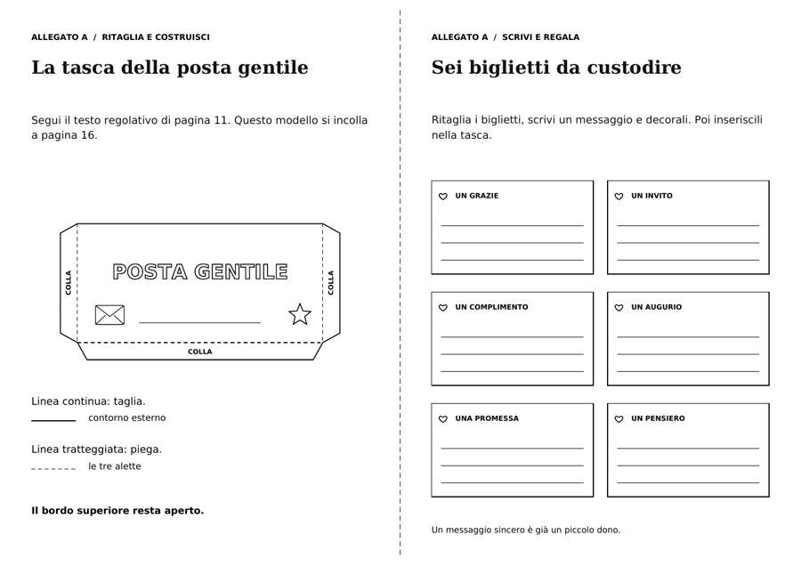 Allegato A: sagoma della tasca Posta gentile con tre alette e sei biglietti da ritagliare e scrivere.