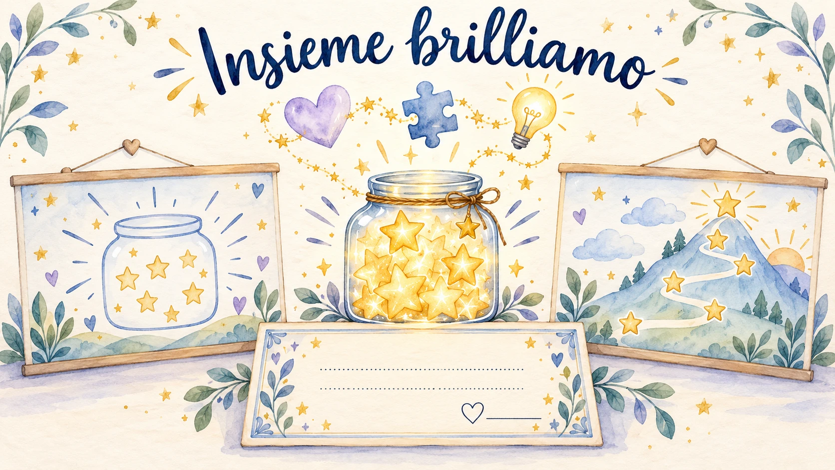 Il barattolo di stelle Insieme brilliamo, due tabelloni e il diploma in una cornice pastello.