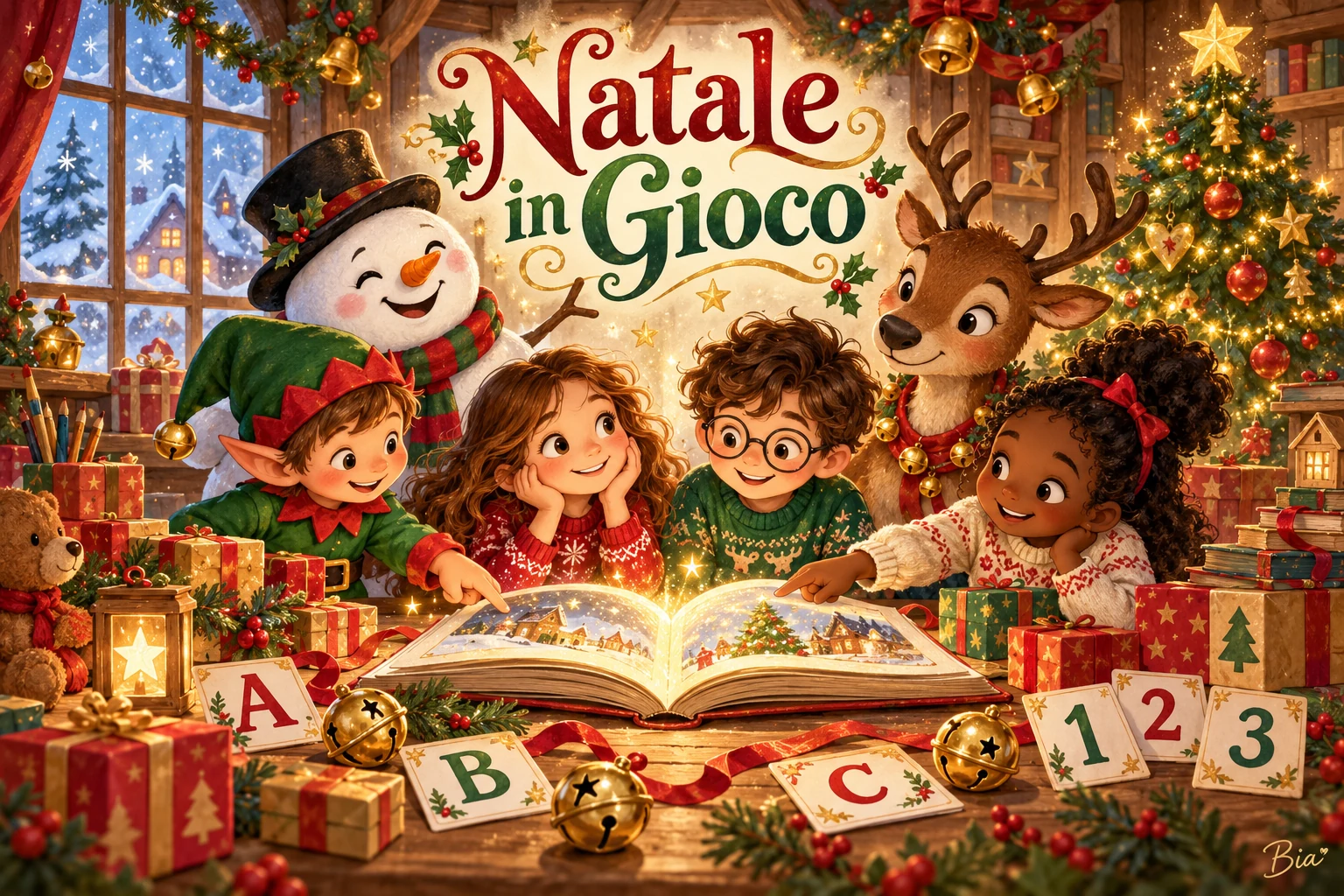 Bambini, un elfo, una renna e un pupazzo di neve scoprono un libro magico nella bottega natalizia, tra regali e campanelle.