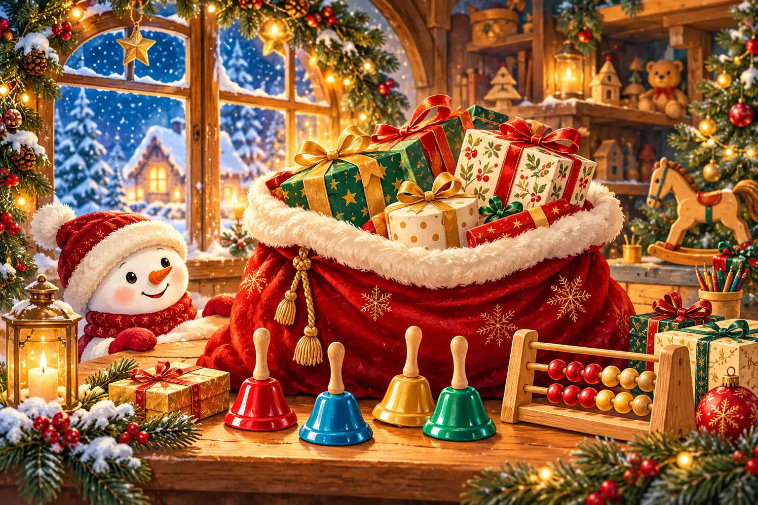 Un sacco rosso pieno di regali, quattro campanelle colorate, un piccolo pallottoliere e un pupazzo di neve nella bottega natalizia.