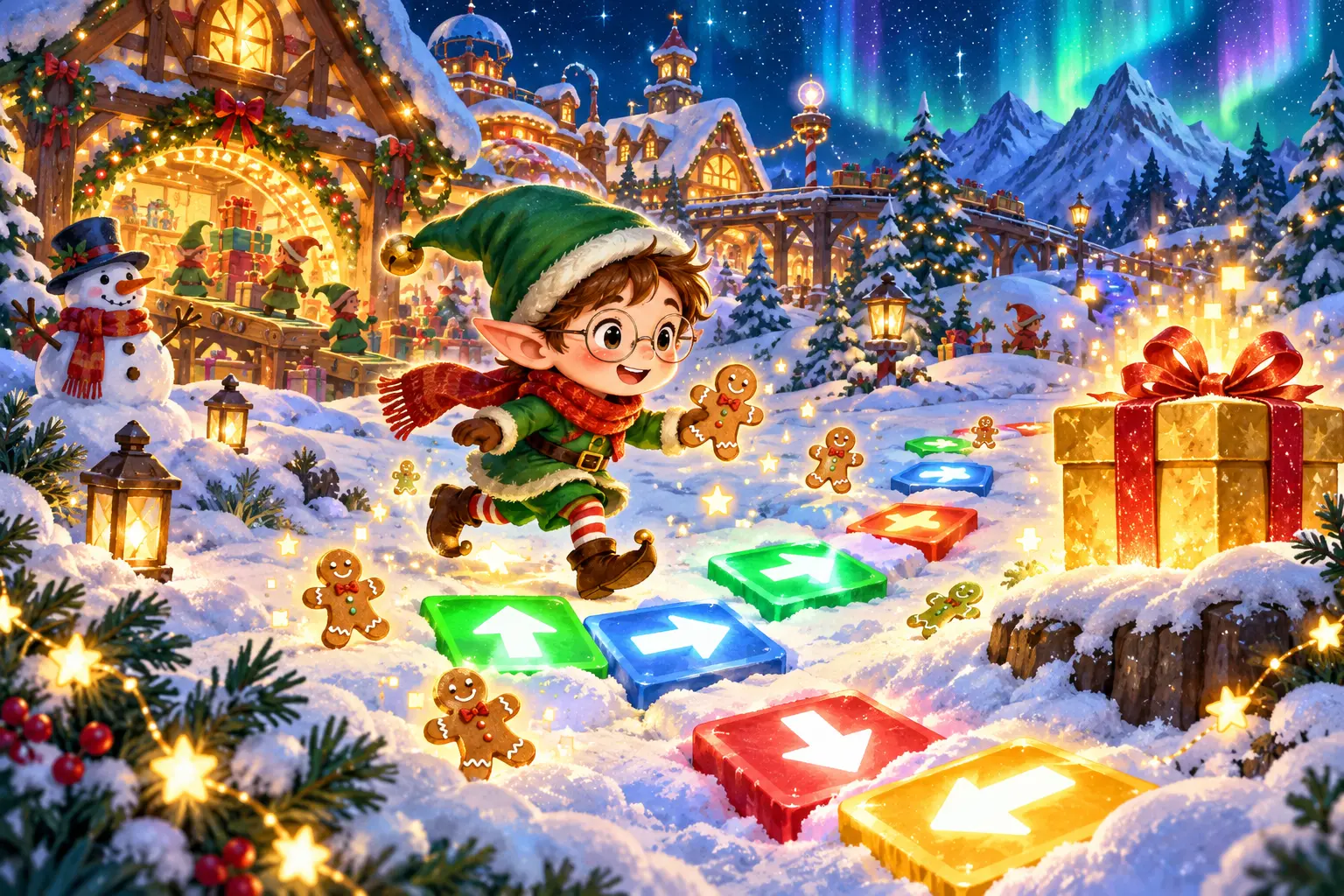 Bit l’elfo segue frecce luminose nella neve, tra biscotti, regali e la bottega incantata del Polo Nord.