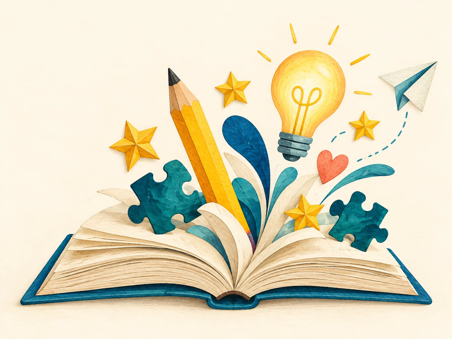 Da un libro aperto nascono una matita, stelle, pezzi di puzzle e una lampadina: un piccolo mondo di idee.
