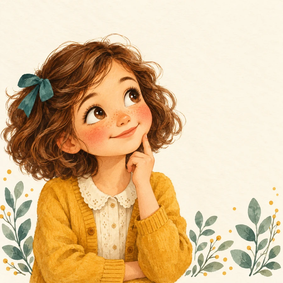 Una bambina dai capelli castani pensa e sorride, mentre una lampadina accende la sua curiosità.
