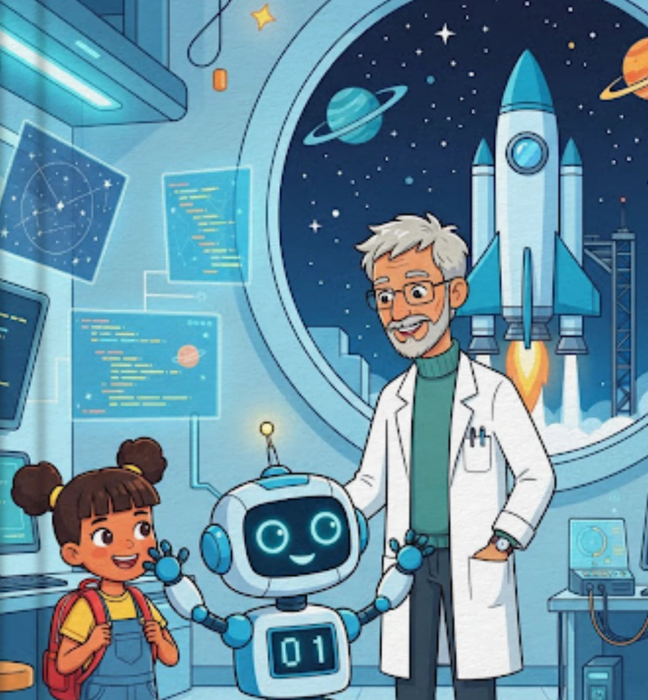 Bit, Gaia e il Professor Algos nel laboratorio, davanti a una navicella pronta per partire.