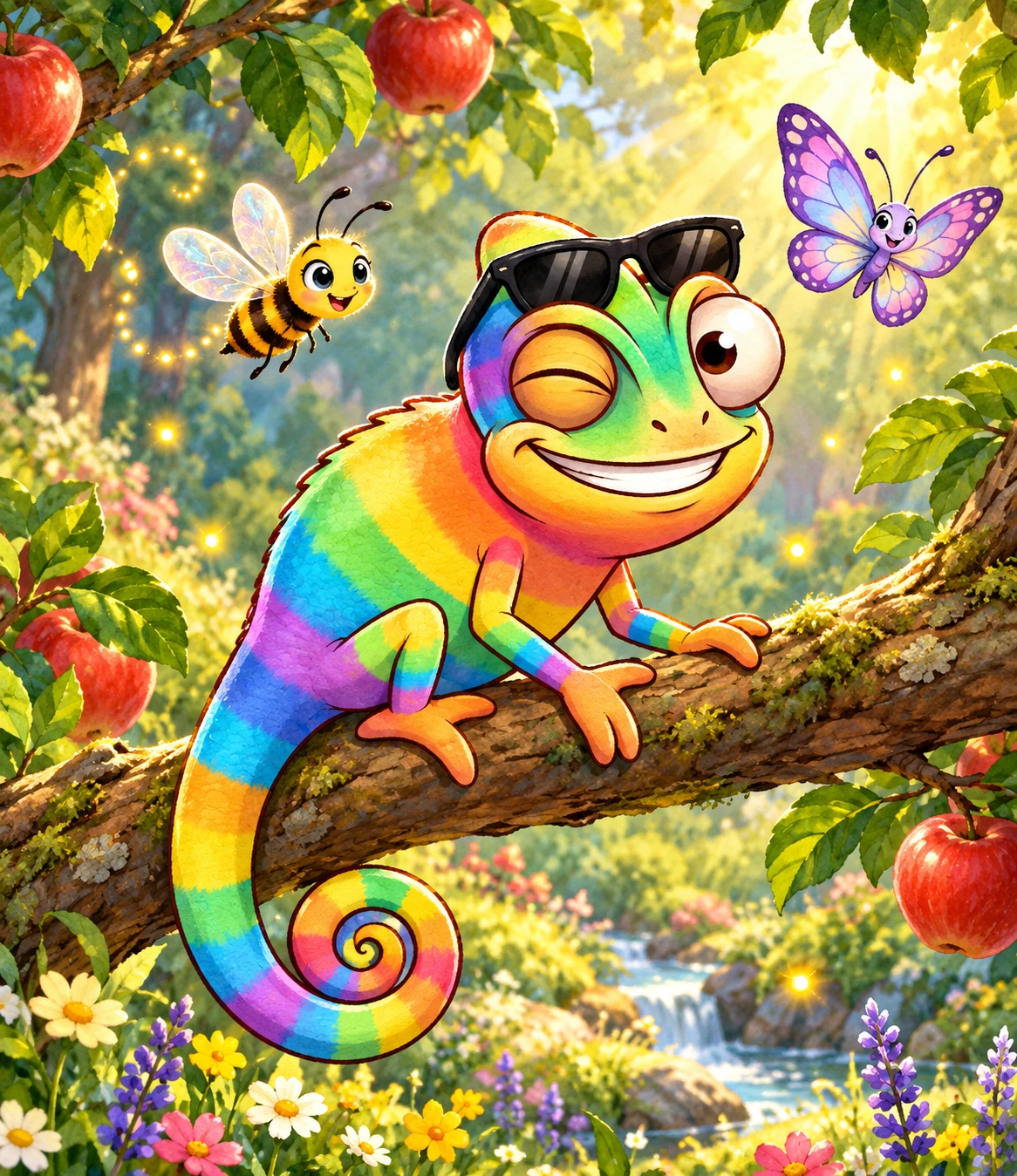 Rainbow-striped Charlie smiles on a branch in a magical garden with Zizz the bee and Vanessa the butterfly.
