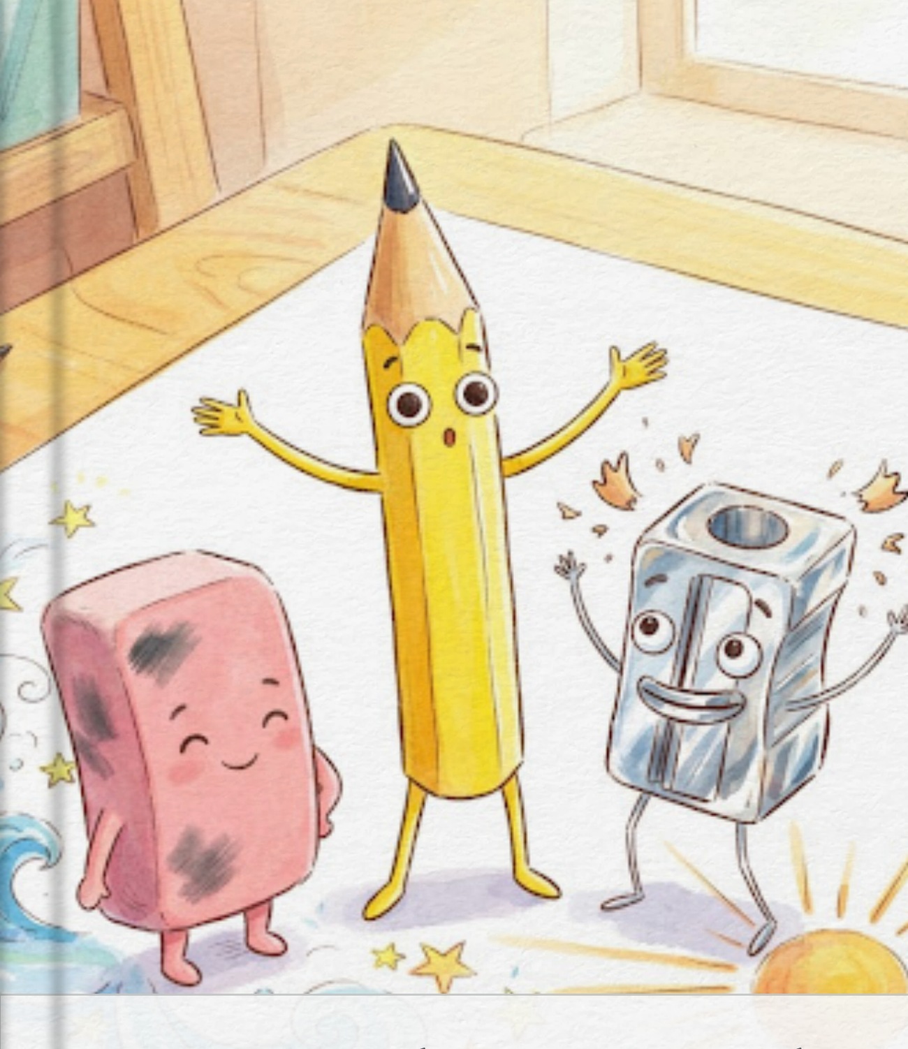 Elio, Gommina e Temperino sorridono insieme su un foglio pieno di colori.