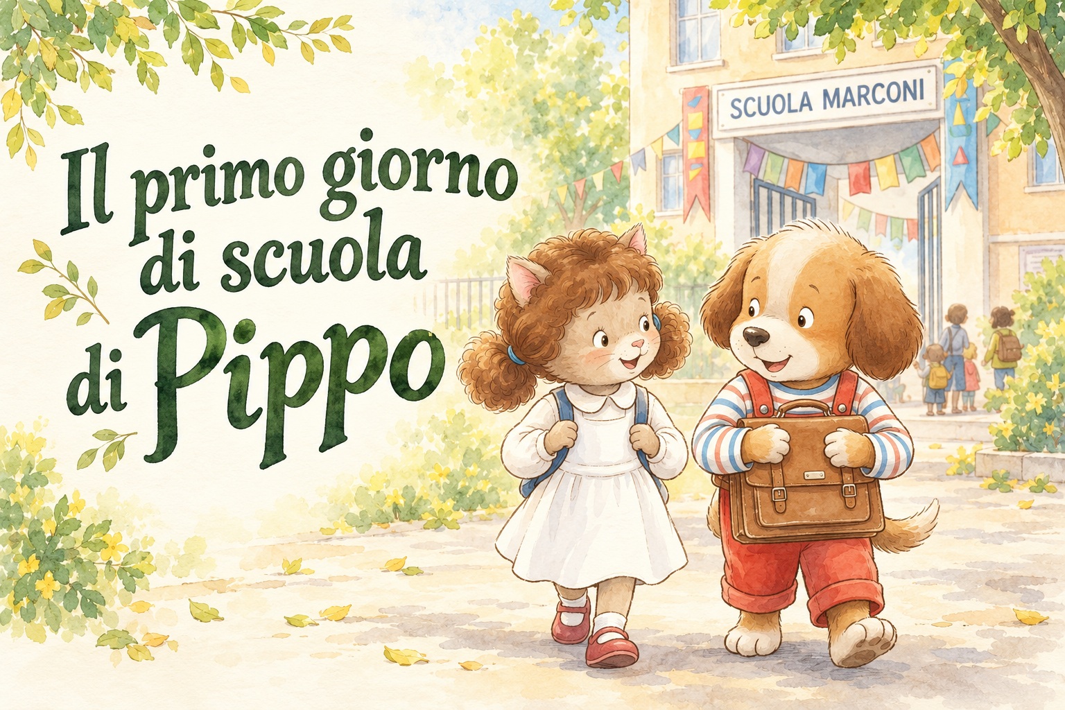 Pippo, il cagnolino con la cartella marrone, e Sofia, la gattina con il grembiule bianco, sorridono davanti alla scuola.