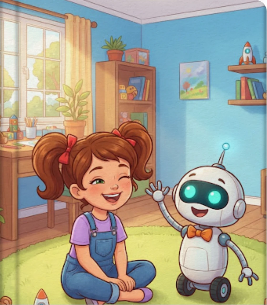Sofia e il piccolo robot Sparky sorridono nella loro stanza luminosa.