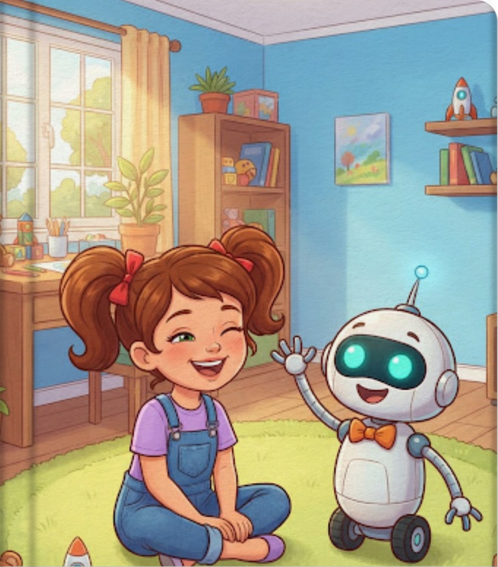 Sofia e il piccolo robot Sparky sorridono insieme nella loro stanza luminosa.