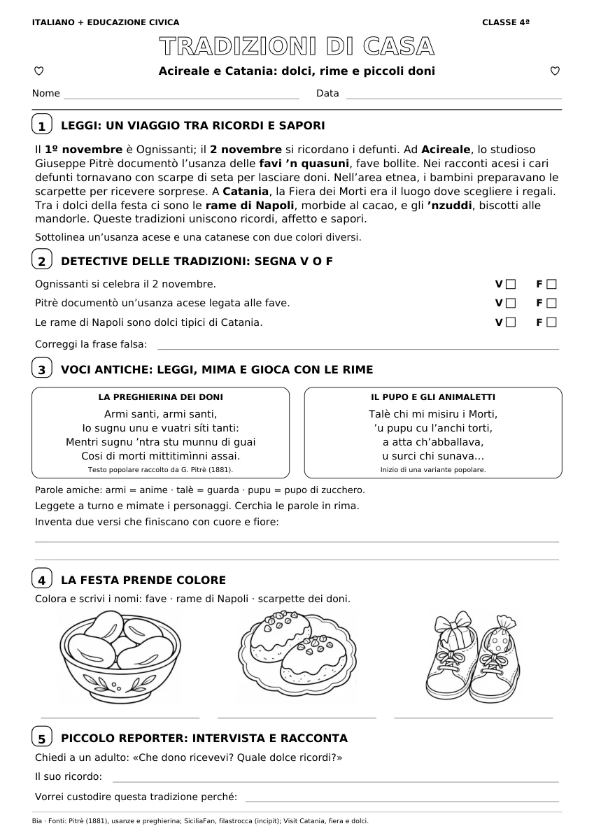 La scheda Tradizioni di casa, con filastrocche siciliane, fave, rame di Napoli e scarpette da colorare.