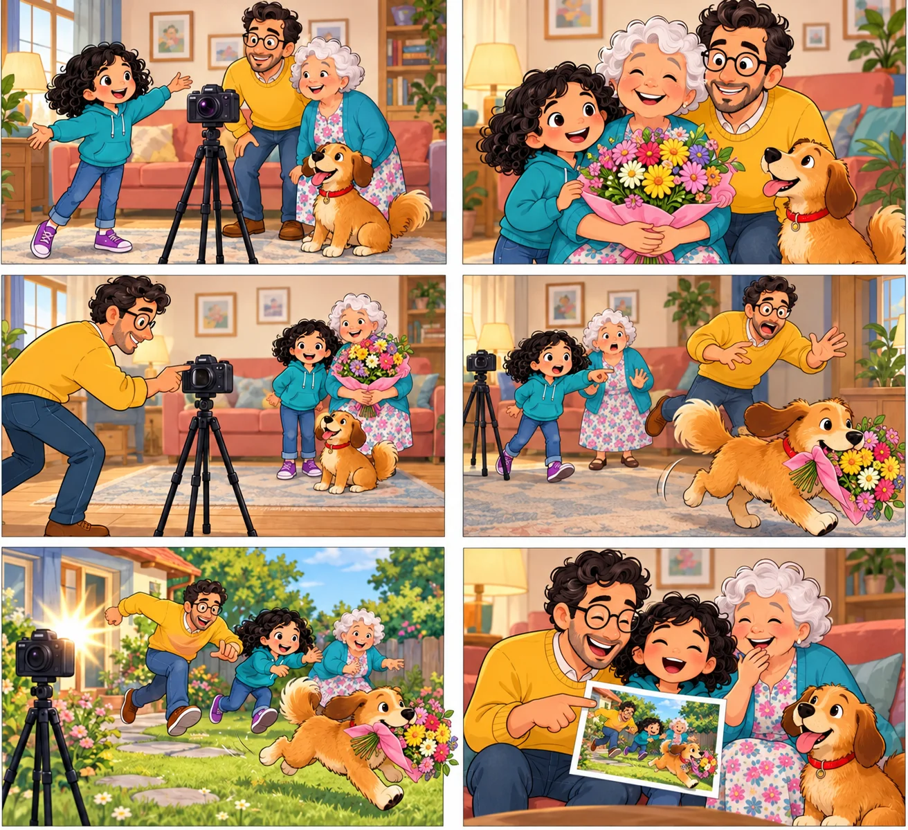 Sei vignette: il cane porta via il mazzo di fiori della nonna mentre la famiglia cerca di scattare una foto