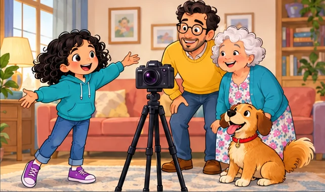 La famiglia si prepara per una fotografia in salotto.