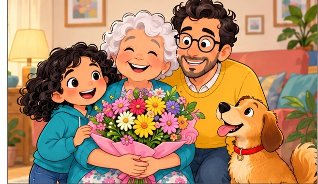 La nonna sorride con il mazzo di fiori, accanto alla bambina e al papà.