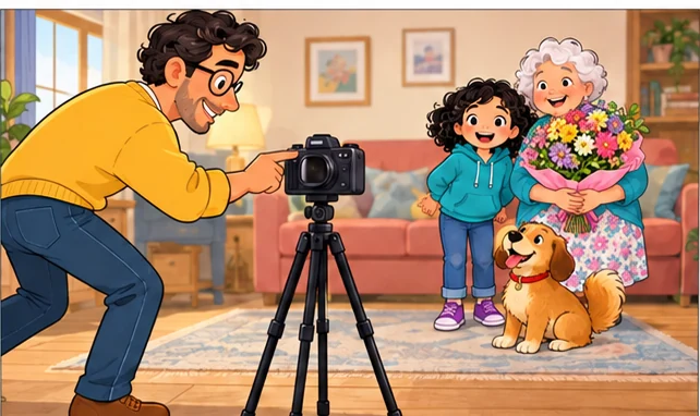 Il papà prepara la macchina fotografica mentre gli altri si mettono in posa.
