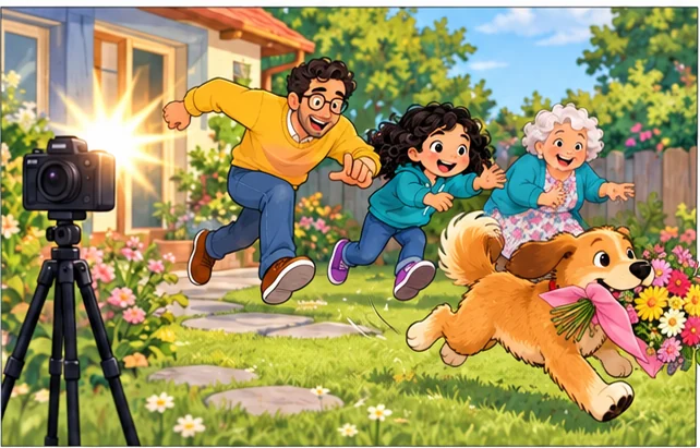La famiglia insegue il cane in giardino mentre scatta la fotografia.