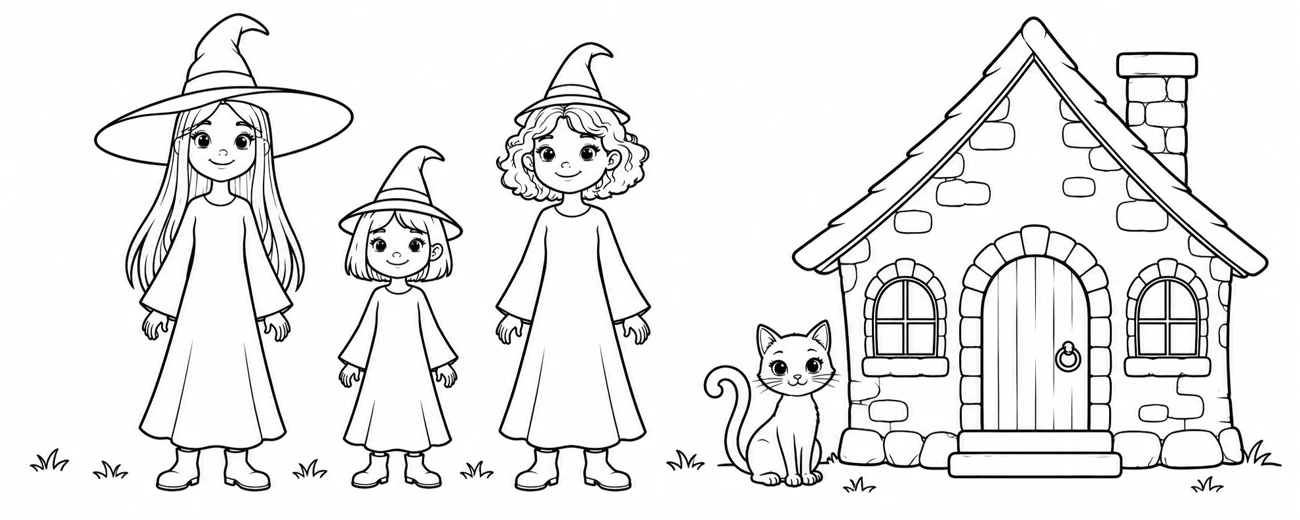 Tre streghe amiche, un gatto e una casa: schede di descrizione in inglese