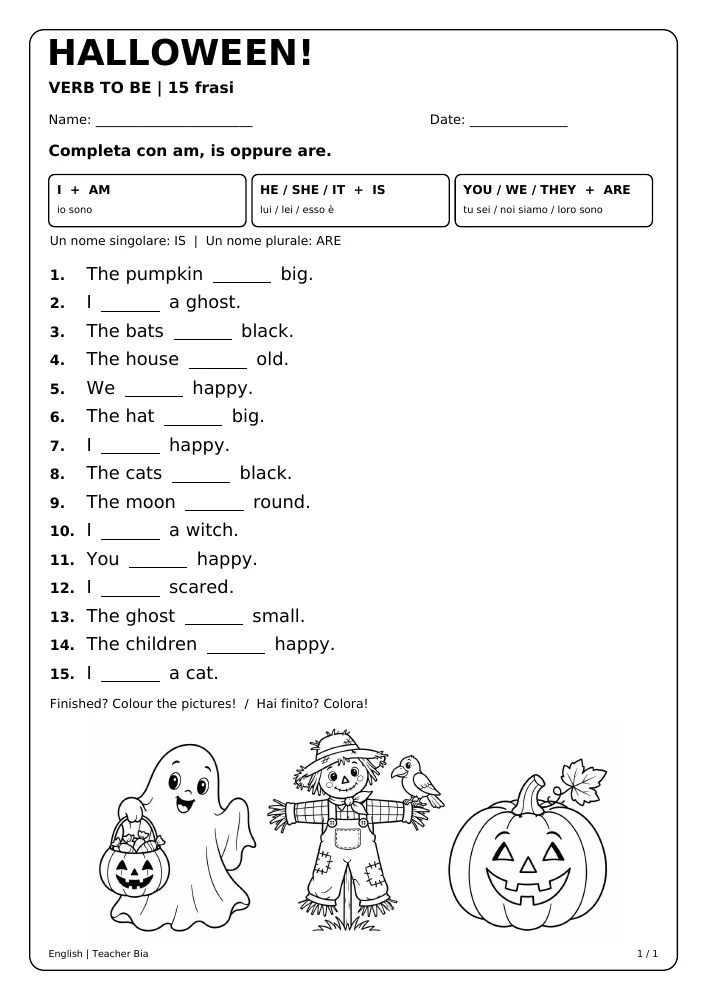 Scheda Halloween: 15 frasi con am, is, are e disegni da colorare.