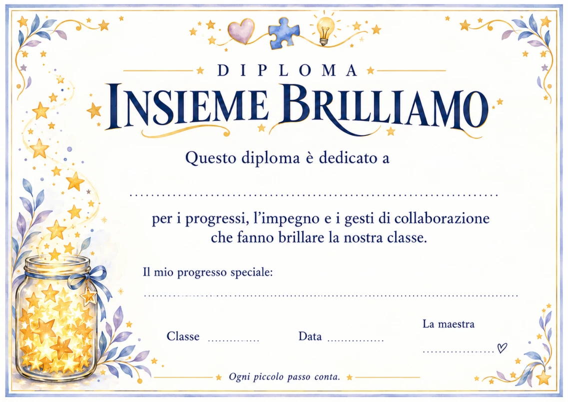 Anteprima del diploma senza firma Bia, con un cuoricino e spazio libero per la firma delle insegnanti.