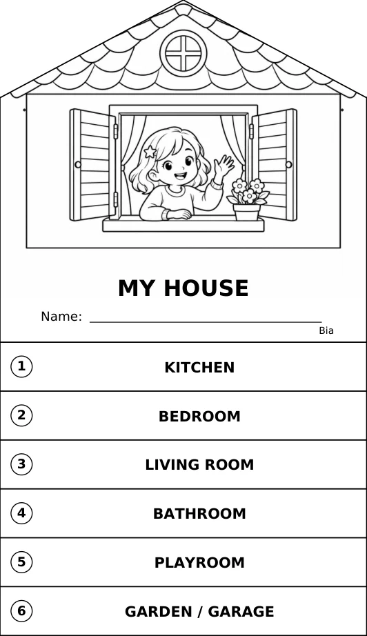 Anteprima del libricino My House con le stanze illustrate e il modello a scaletta.