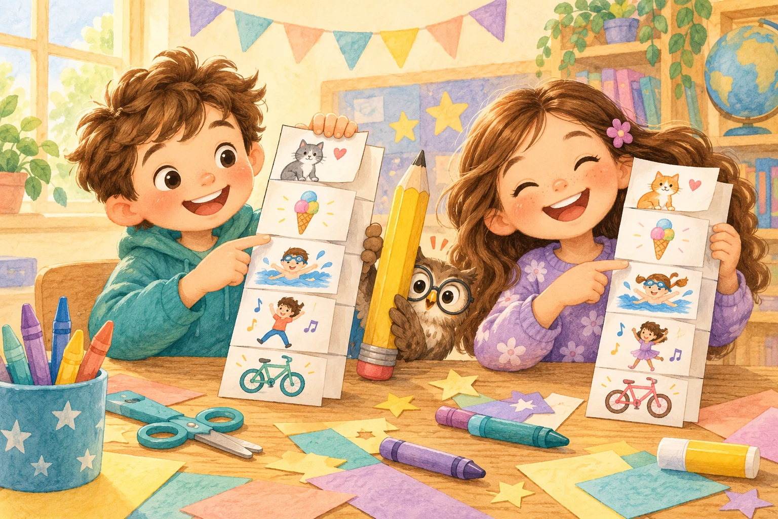 Due bambini con i libretti a finestrelle e un buffo gufetto curioso.